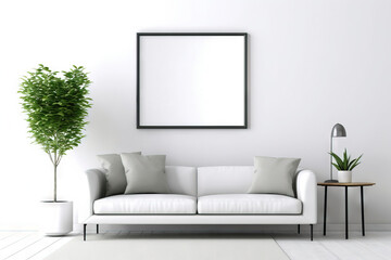 blank rectangular mockup frame on a modern living room
