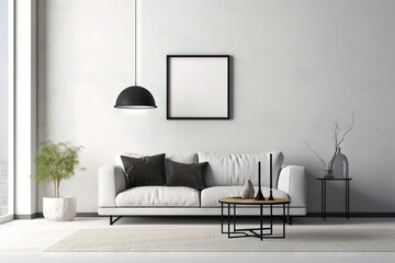 blank square mockup frame on a modern living room