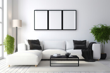 three rectangular mockup frame on a vertical position on a modern living room with white couch
