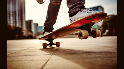 Naklejka na ściany i meble Skateboarder legs skateboarding trick ollie at city skate park. Generative AI