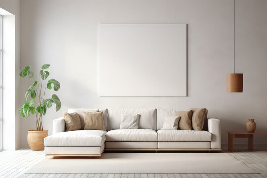 big mockup frame hanging on the wall over the beige couch
