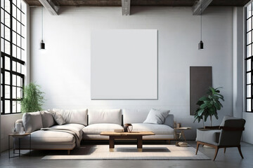 blank rectangular mockup frame on vertical position in a industrial living room