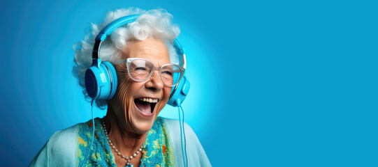Happy senior woman listening music in headphones. Generative AI