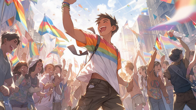 Couple celebrating their love to each other in a pride parade - Generative AI