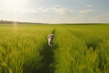 green field in a sunny day, dog running on the field Generative AI