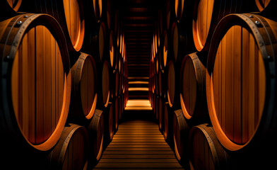  Wine or cognac barrels in the cellar of the winery, Wooden wine barrels in perspective. wine vaults. vintage oak barrels of craft beer or brandy. Generative ai