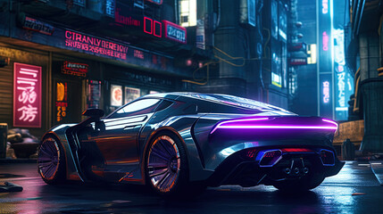 Ultra-modern car against the backdrop of the city of the future. AI Generated