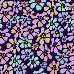Seamless vector pattern with colorful flowers on dark background.