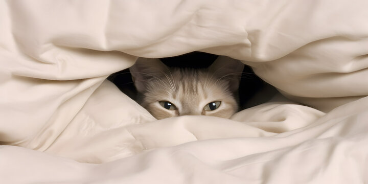 Cute kitten cat hidden under the blanket. AI generated