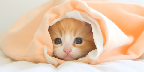 Obraz na płótnie Canvas Cute kitten cat hidden under the blanket. AI generated