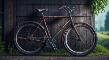 Fototapeta na wymiar vintage bicycle on old rustic dirty wooden house. classic bike old bicycle on decay brick wall retro style world bicycle day created with generative ai