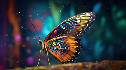 Fototapeta na wymiar a colorful butterfly sitting on top of a piece of wood. generative ai