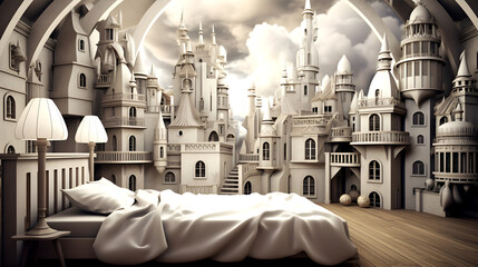 Magic castle themed bedroom in the style of cute and dreamy fantastical dreamscapes, style of monochromatic white figures, surrealistic cartoons, realistic hyper-detailed rendering GenerativeAI