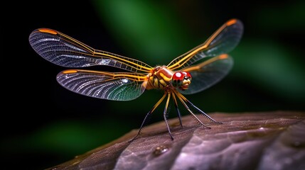 Naklejka na ściany i meble a close up of a dragonfly on a leaf with a black background. generative ai