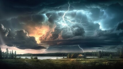 Obraz na płótnie Canvas a house in the middle of a field under a cloudy sky. generative ai