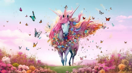 Fotobehang Grunge vlinders  a painting of a unicorn surrounded by butterflies and flowers in a field.  generative ai