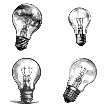 set of four light bulbs in black and white isolated on white