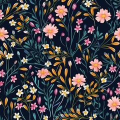 Watercolor small wildflowers and colorful daisy flowers  over a drak background seamless pattern Digital Paper background, Generative AI