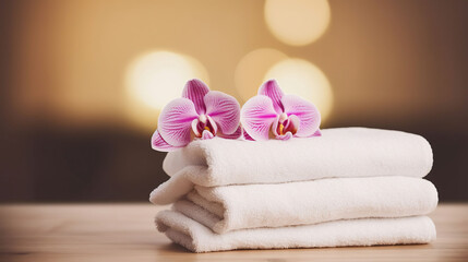 Obraz na płótnie Canvas Spa Towels and Orchid Embracing Serenity on a Wooden Table Against an Abstract Backdrop. Generative AI