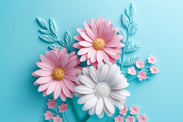 Pastel toned papier mache flowers, skillfully cut and arranged on a soothing bright blue green turquoise background, lend a touch of vintage charm to any setting. generative AI.