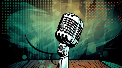 retro style microphone on a stage with comic background - backdrop - generative ai