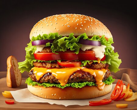 Hamburger on a black background, Generative with AI