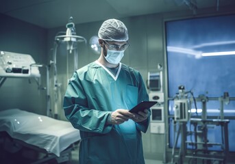 doctor holding smart device in operation room, AI generate