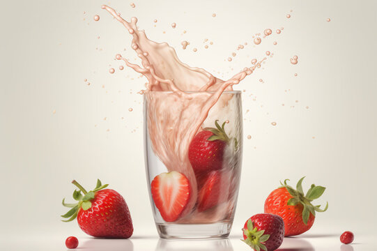 Some strawberries falling with a juicy splash into a glass of beige and carmin thick organic juice before a bright white background. Generative AI