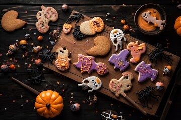 Fototapeta na wymiar Illustration of Halloween cookies on a dark and spooky wooden background. Generative AI