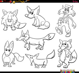 cartoon foxes animal characters set coloring page
