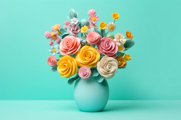Pastel 3D flower models captured in a jar, harmoniously complemented by a mesmerizing turquoise background. generative AI.