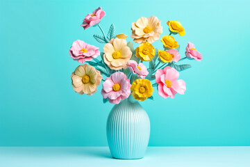 Pastel 3D flower models captured in a jar, harmoniously complemented by a mesmerizing turquoise background. generative AI.