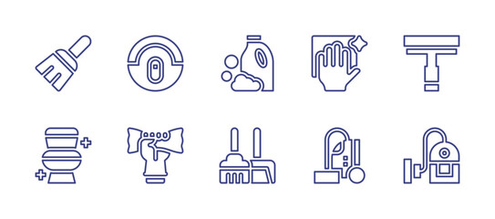 Cleaning line icon set. Editable stroke. Vector illustration. Containing broom, robot vacuum cleaner, detergent, cleaning, glass cleaner, toilet, dust pan, vacuum cleaner.