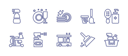 Cleaning line icon set. Editable stroke. Vector illustration. Containing spray bottle, clean dishes, plates, cleaning, cleaning cart, cleaning spray, broom, detergent.