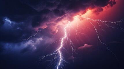 Naklejka na ściany i meble a lightning bolt hitting through a cloudy sky with red and blue colors. generative ai