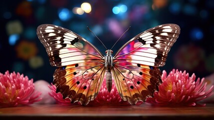 Fototapeta na wymiar a butterfly sitting on top of a flower on a table. generative ai