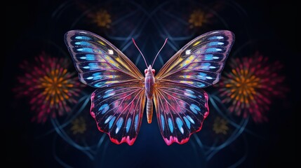 Obraz na płótnie Canvas a colorful butterfly with wings spread out on a black background. generative ai