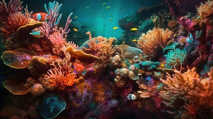 Naklejka na ściany i meble a colorful coral reef with many different types of corals. generative ai