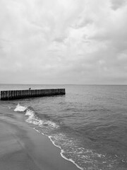 Obraz premium Gray cloudy seascape, cloudy weather at the sea, empty beach