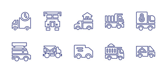 Truck line icon set. Editable stroke. Vector illustration. Containing delivery truck, truck, moving truck, dump truck, food truck, mail truck.