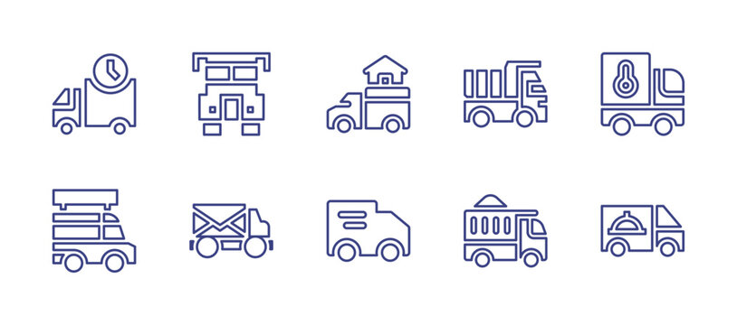 Truck Line Icon Set. Editable Stroke. Vector Illustration. Containing Delivery Truck, Truck, Moving Truck, Dump Truck, Food Truck, Mail Truck.