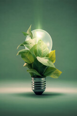 Glowing crystal light bulb wrapped in green leaves. Symbol for alternative energy sources sustainable living environment friendly technology concept