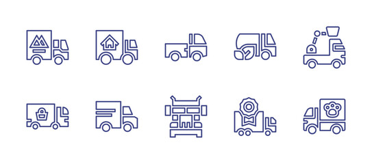 Truck line icon set. Editable stroke. Vector illustration. Containing truck, moving truck, mini truck, refuelling truck, crane truck, delivery truck, lorry, container.