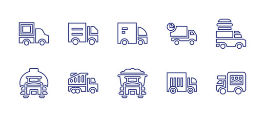 Truck line icon set. Editable stroke. Vector illustration. Containing delivery truck, food truck, oil truck, garbage truck, cargo truck.