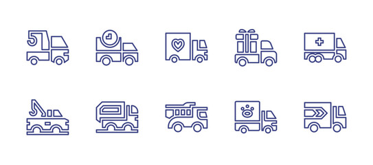Truck line icon set. Editable stroke. Vector illustration. Containing crane truck, delivery truck, delivery, tow truck, dumper truck, truck.