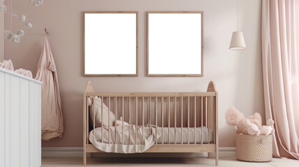 Two clean empty frame mockups on a clean wall in the modern kid’s room with a baby cart, Generative AI