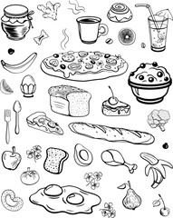 Set of products for breakfast in line art style