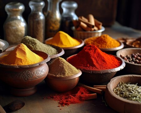 variety of spices including cumin, turmeric, and ground paprika in rustic bowls, arranged on a wooden table
