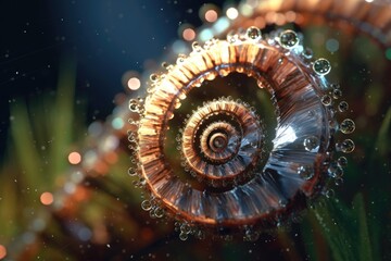 A Spiral Background all covered with Dew in Macro Photography Style - A Macro Spiral Style Backdrop - A Macro Spiral Wallpaper created with Generative AI Technology