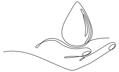 Hand holding water drop continuous line drawing. Blood or oil drop in human arm linear symbol. Vector illustration isolated on white.